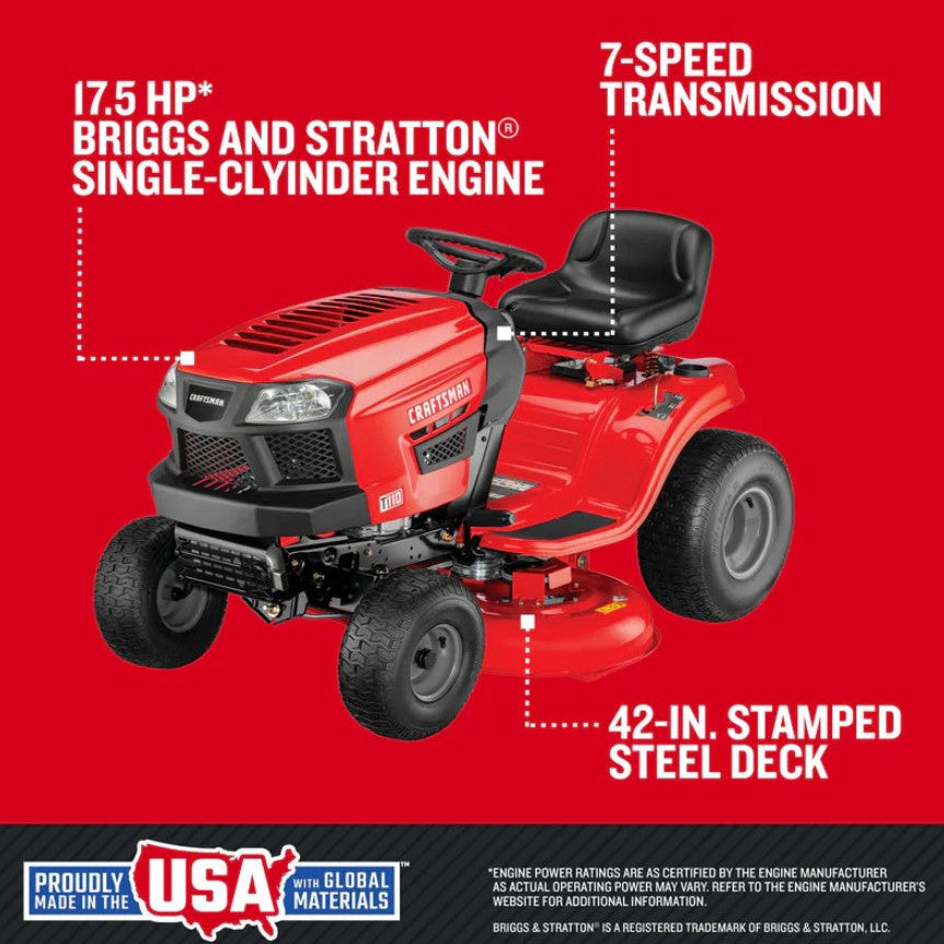 Red riding lawn mower with specifications on a red background